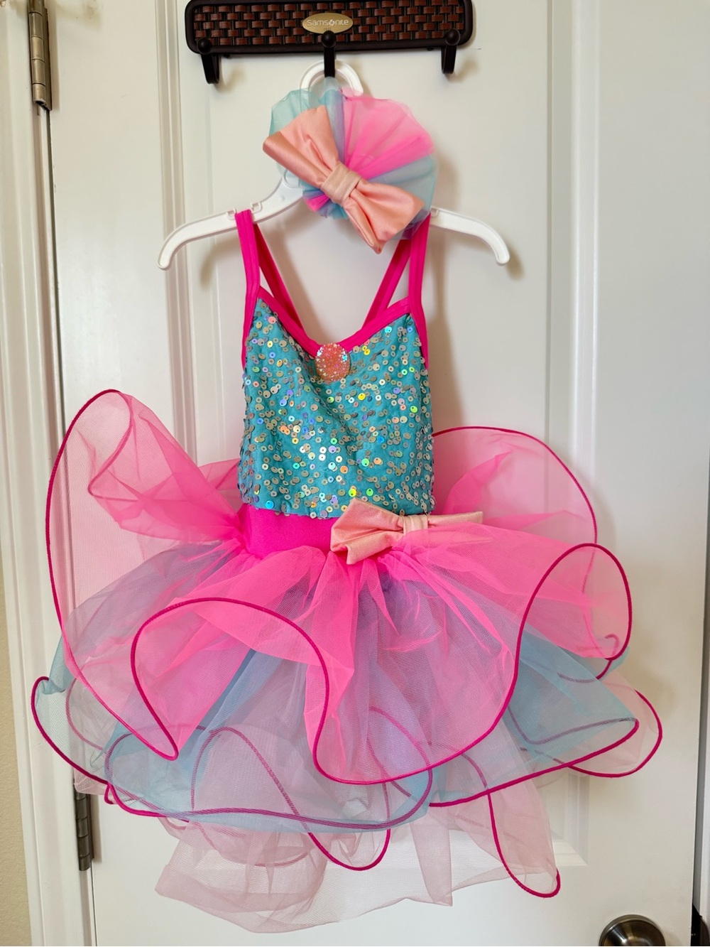 Weissman Turquoise Sequin & Hot Pink Tutu Costume with Pink Bow